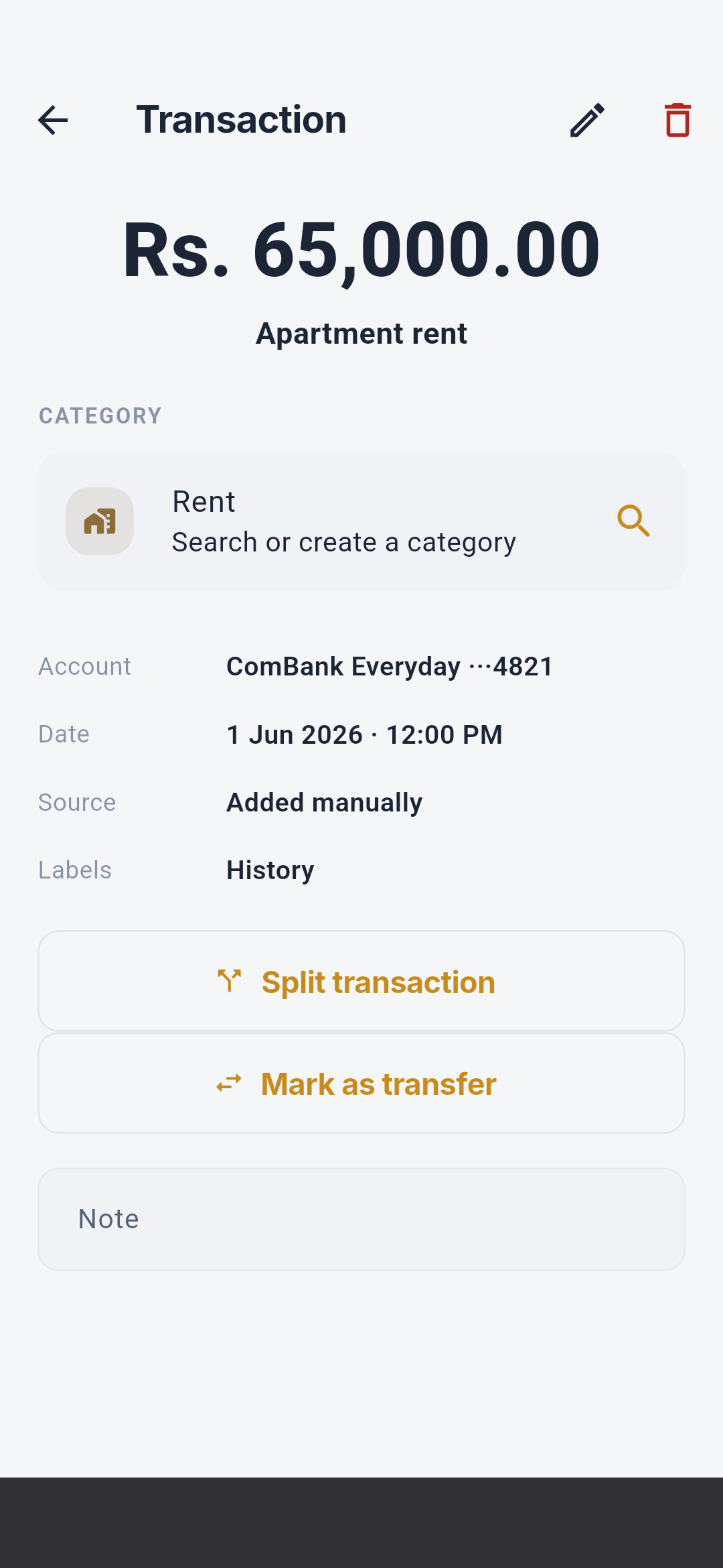 Salli transaction detail showing amount, merchant, category, account, date, source, label, note, split, and transfer actions
